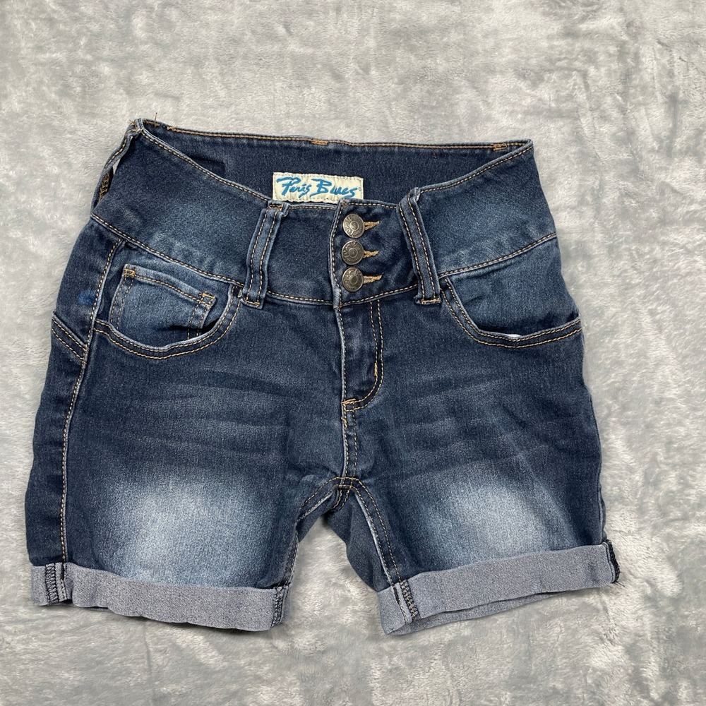 Paris Blues Denim Shorts Womens 1 Dark Blue High Rise Triple Button Fly Cuffed